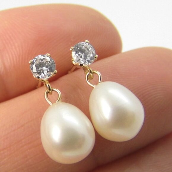 Dangle 14KY gold PEARL Stud Earrings NEW - Picture 1 of 8